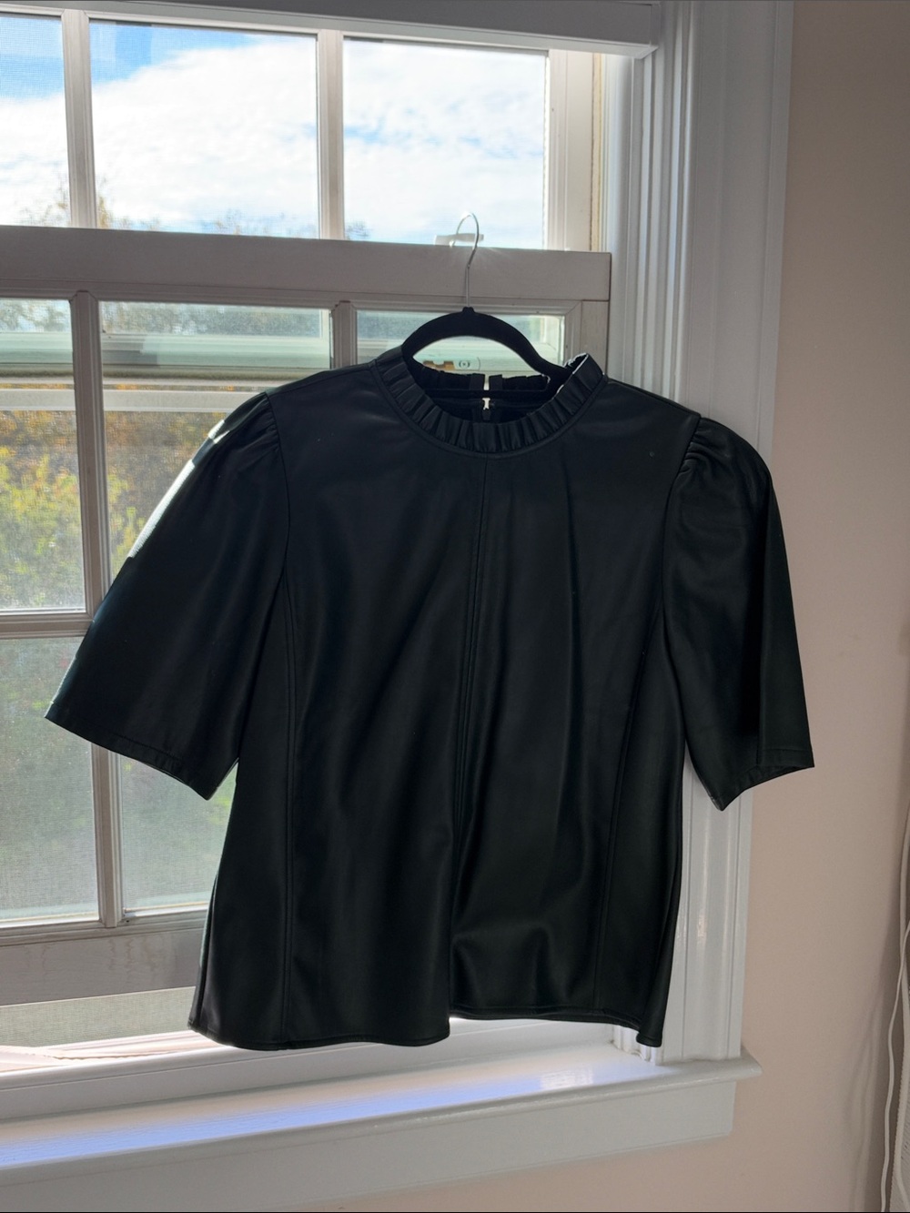 Ann Taylor Black Faux Leather Short Sleeve Blouse with Ruching